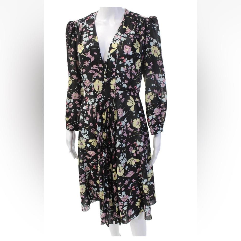 Prada Women Fit & Flare Black V-Neck Long Sleeve Midi Dress Size S